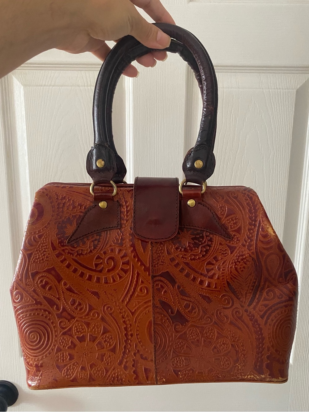 Embossed Leather Satchel Handbag in Chestnut Brown